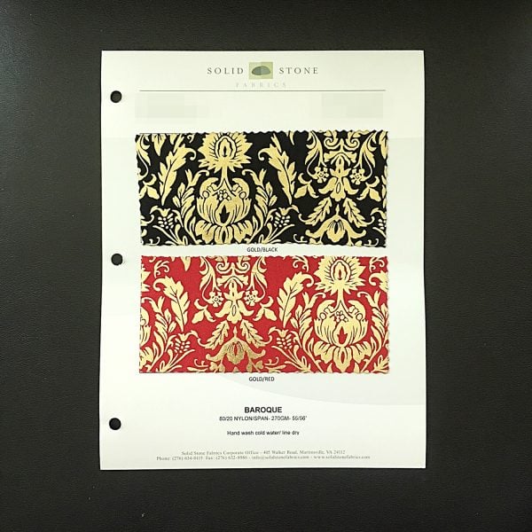 Baroque Style Fabric Swatches / Color Card features full size "feeler" fabric swatches and all available fabric colors on one card for your convenience. Designed to fit inside a three ring binder for easy reference!
