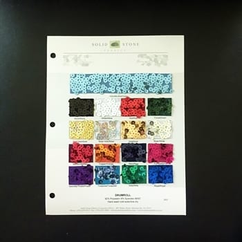 Drumroll Sequin Fabric Swatches / Color card features full size "feeler" fabric swatches and all available fabric colors on one card for your convenience.  Designed to fit inside a three ring binder for easy reference!