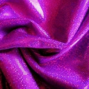 Purple medium dot hologram spandex fabric featuring lavender stretch base fabric topped with fuchsia holographic foil, for brilliant shine and sparkle.