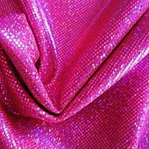 Fuchsia medium dot hologram spandex fabric featuring red stretch base fabric topped with fuchsia holographic foil, for brilliant shine and sparkle.