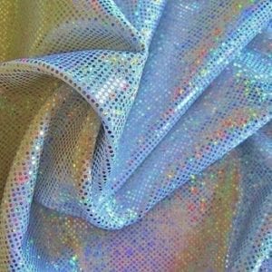 Silver medium dot hologram spandex fabric featuring white stretch base fabric topped with silver holographic foil, for brilliant shine and sparkle.