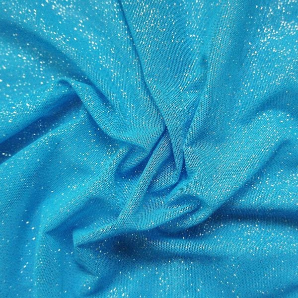 Ocean Blue Glitter Mesh fabric features all over silver glitter on 2-way stretch ocean blue polyester mesh making it ideal for both semi-fitted and draped garments.