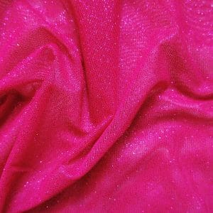 Hot Pink Glitter Mesh fabric features all over hot pink glitter on 2-way stretch hot pink polyester mesh making it ideal for both semi-fitted and draped garments.