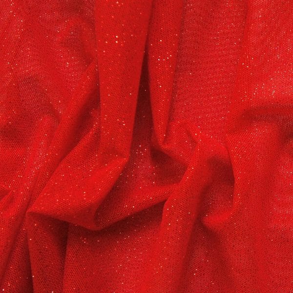 Red Glitter Mesh fabric features all over red glitter on 2-way stretch red polyester mesh making it ideal for both semi-fitted and draped garments.