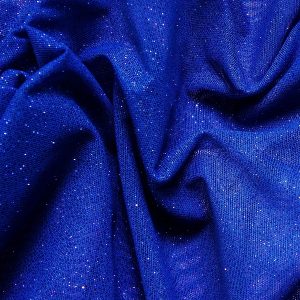 Blue Glitter Mesh fabric features all over royal blue glitter on 2-way stretch royal blue polyester mesh making it ideal for both semi-fitted and draped garments.