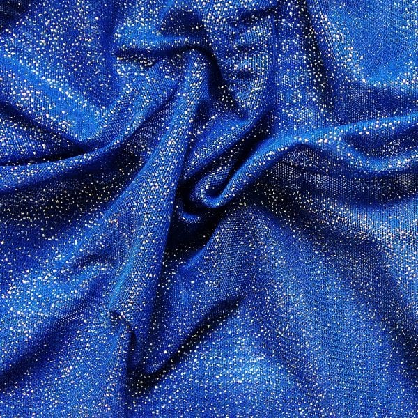 Royal Blue Glitter Mesh fabric features all over silver glitter on 2-way stretch royal blue polyester mesh making it ideal for both semi-fitted and draped garments.