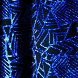 Geometry - Royal Blue Geometric fabric features bold geometric designs in "Broken Glass" hologram foil on black stretch base fabric for a stunning contrast effect. 