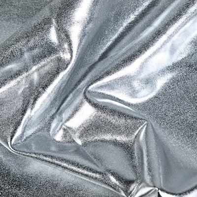 Our Liquid Foil - Silver Stretch Lame fabric features full coverage metallic foil on 4 way stretch base fabric for an intense liquid shine effect.