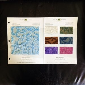 Embossed Velvet Fabric Swatches / Color card features full size "feeler" fabric swatches and all available fabric colors on one card for your convenience. Designed to fit inside a three ring binder for easy reference!
