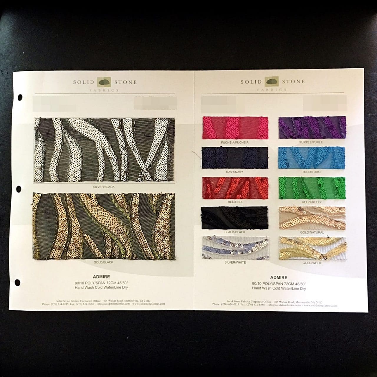 Admire Sequin Mesh Fabric Swatches / Color card features full size "feeler" fabric swatches and all available fabric colors on one card for your convenience.
