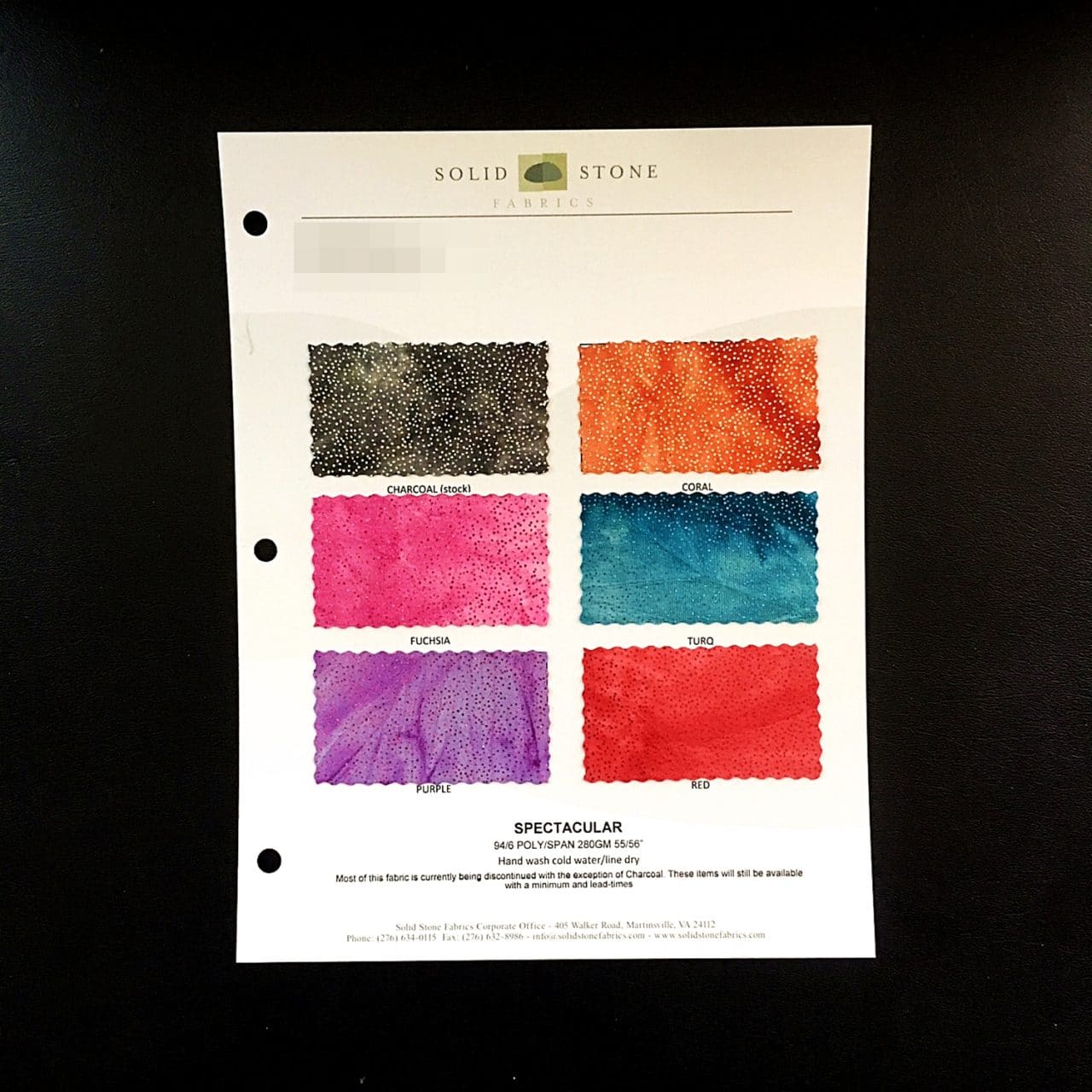Glitter Tie Dye Fabric Swatches / Color card features full size "feeler" fabric swatches and all available fabric colors on one card for your convenience. Designed to fit inside a three ring binder for easy reference!