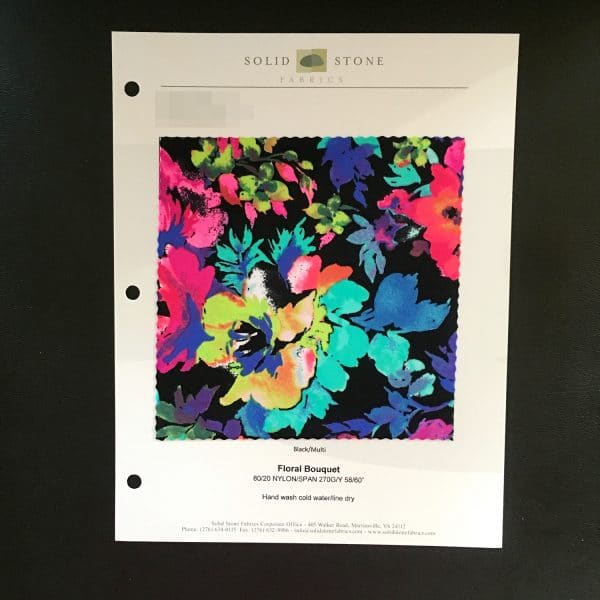 Floral Stretch Fabric Swatches / Color card features full size "feeler" fabric swatches and all available fabric colors on one card for your convenience. Designed to fit inside a three ring binder for easy reference!