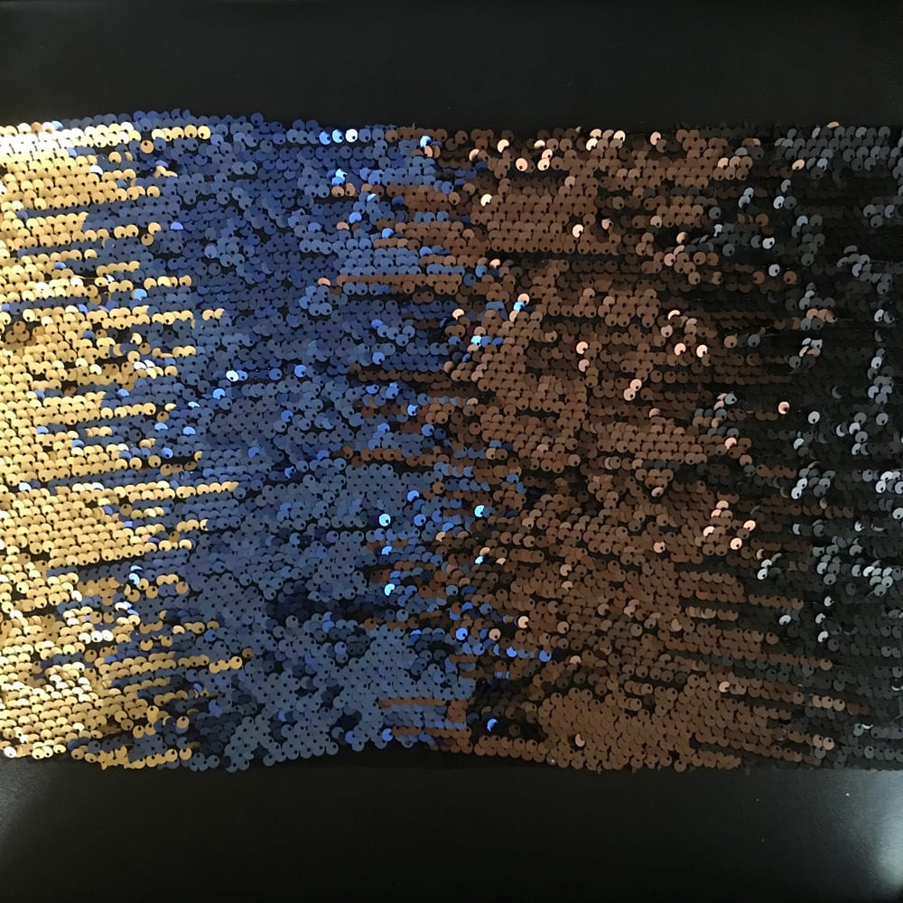 Matte Broad Stripe Sequin Fabric in Copper, Blue, Black and Gold