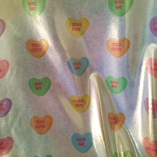 Candy Hearts print fabric on Metallic Sheen