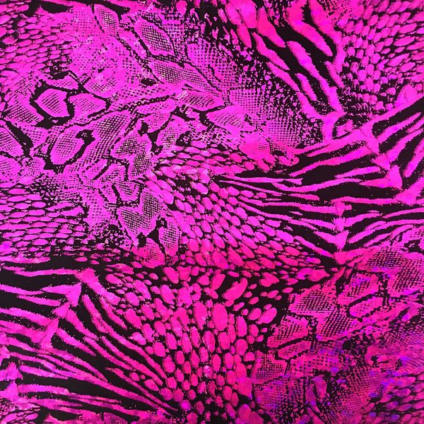 Fuchsia animal print hologram fabric featuring black stretch base fabric topped with fuchsia shattered glass holographic foil in multiple animal prints for brilliant shine and sparkle.