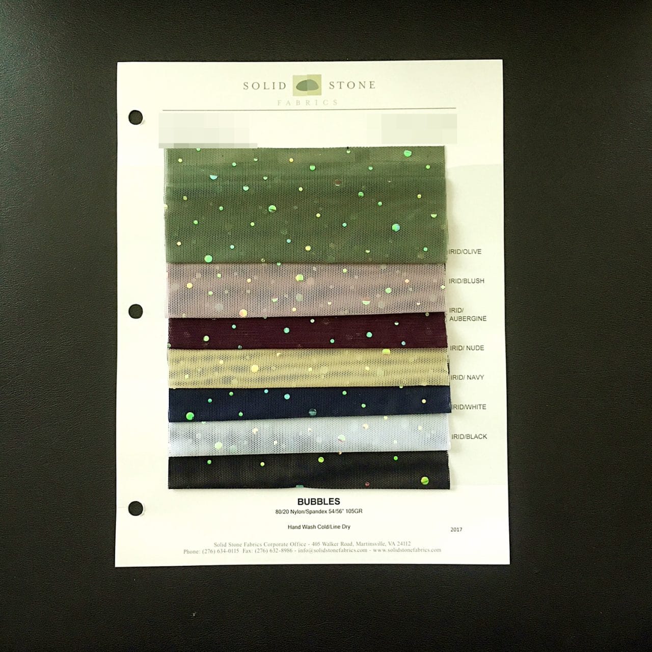 Bubbles Sequin Dot Mesh Swatches / Color card features full size "feeler" fabric swatches and all available fabric colors on one card for your convenience.