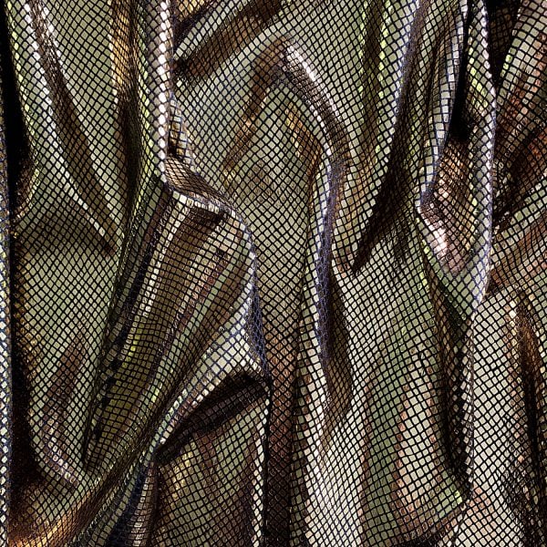 Python - Gold/Black shiny gold snakeskin velvet fabric features plush black 4-way stretch velvet topped with shiny gold snakeskin foil for an ultra-sleek, modern look.