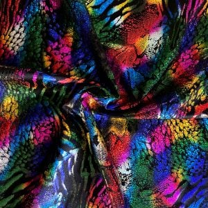 Rainbow animal print hologram fabric featuring black stretch base fabric topped with rainbow hologram shattered glass holographic foil in multiple animal prints for brilliant shine and sparkle.