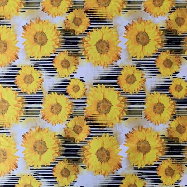 Sunflower Fabric Print - Yellow Sunflowers on black and white stripes background