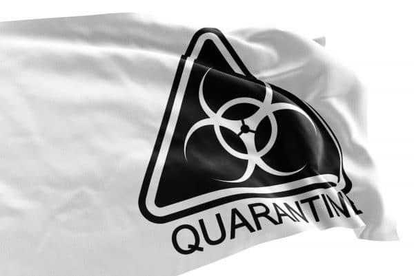 Quarantine warning flag features white background with black triangle quarantine symbol for a clear message.  Perfect for healthcare, business or personal use.  Made in the USA with pride and care.